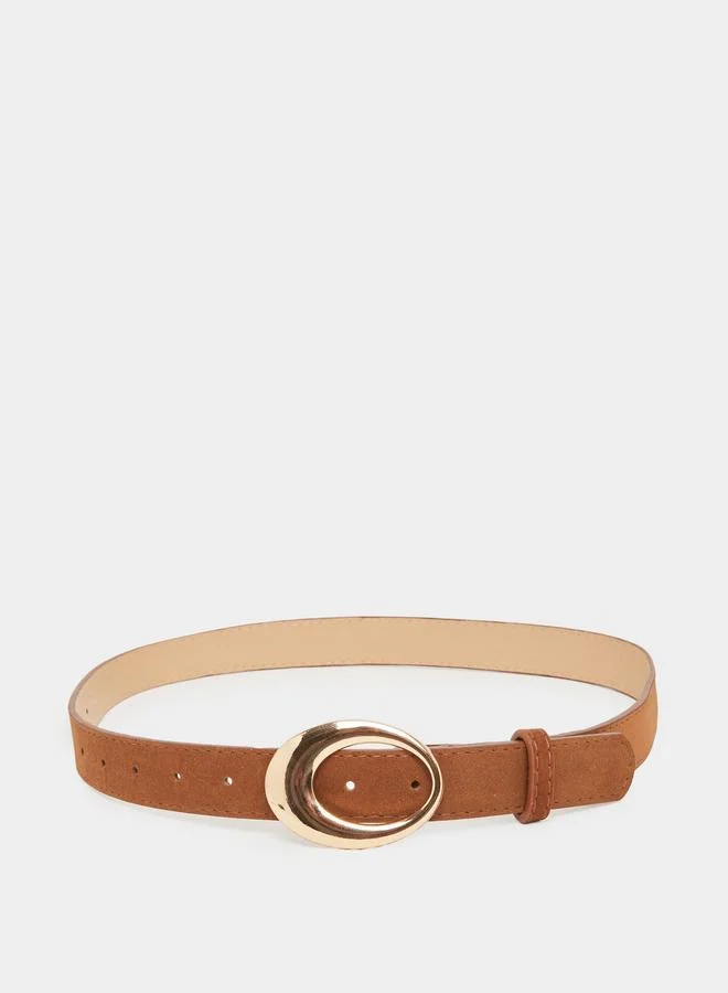 Styli Brown Faux Suede Belt with Oval Buckle